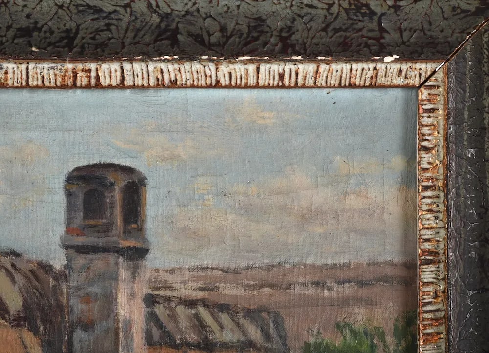 Early 20th Century Oil Painting European Barn Landscape in Faux Bois Frame - 10