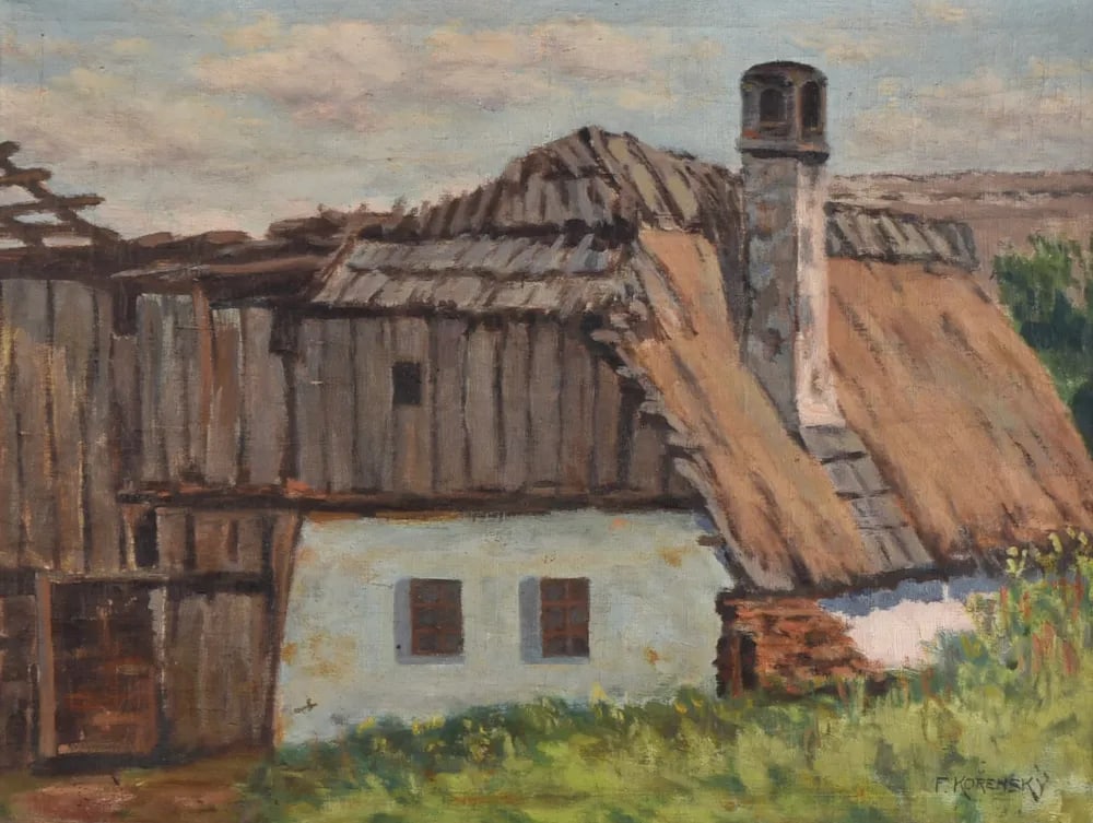 Early 20th Century Oil Painting European Barn Landscape in Faux Bois Frame - 2