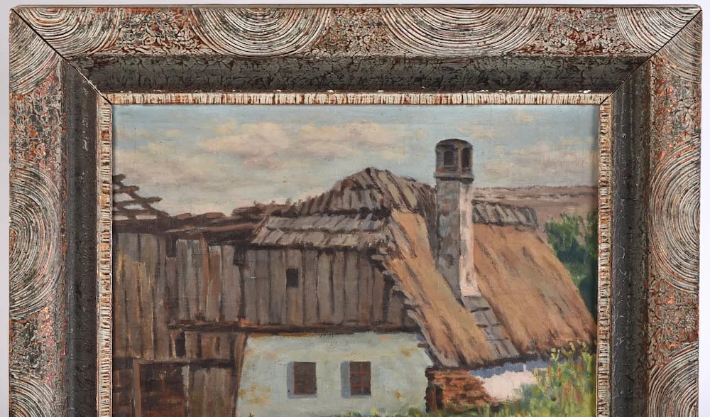 Early 20th Century Oil Painting European Barn Landscape in Faux Bois Frame - 3