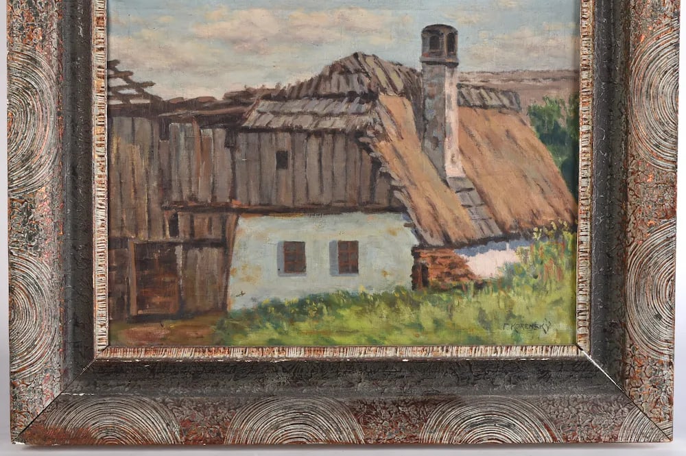 Early 20th Century Oil Painting European Barn Landscape in Faux Bois Frame - 4