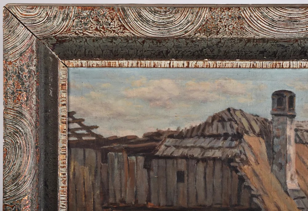 Early 20th Century Oil Painting European Barn Landscape in Faux Bois Frame - 5