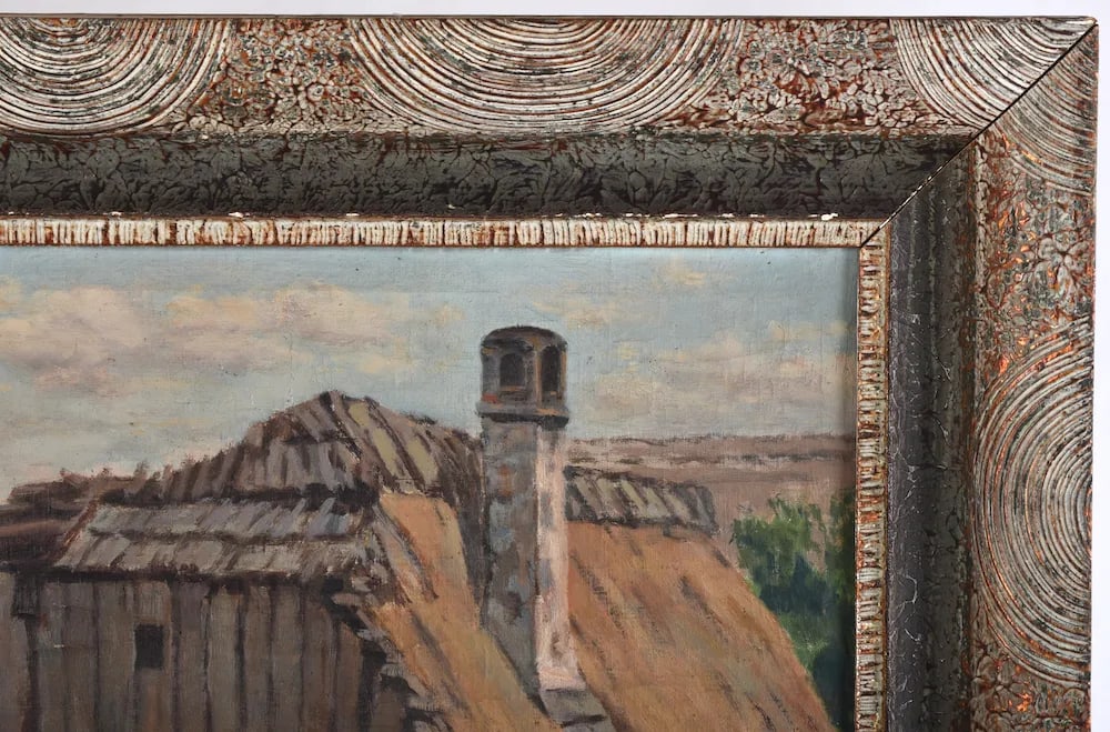 Early 20th Century Oil Painting European Barn Landscape in Faux Bois Frame - 6