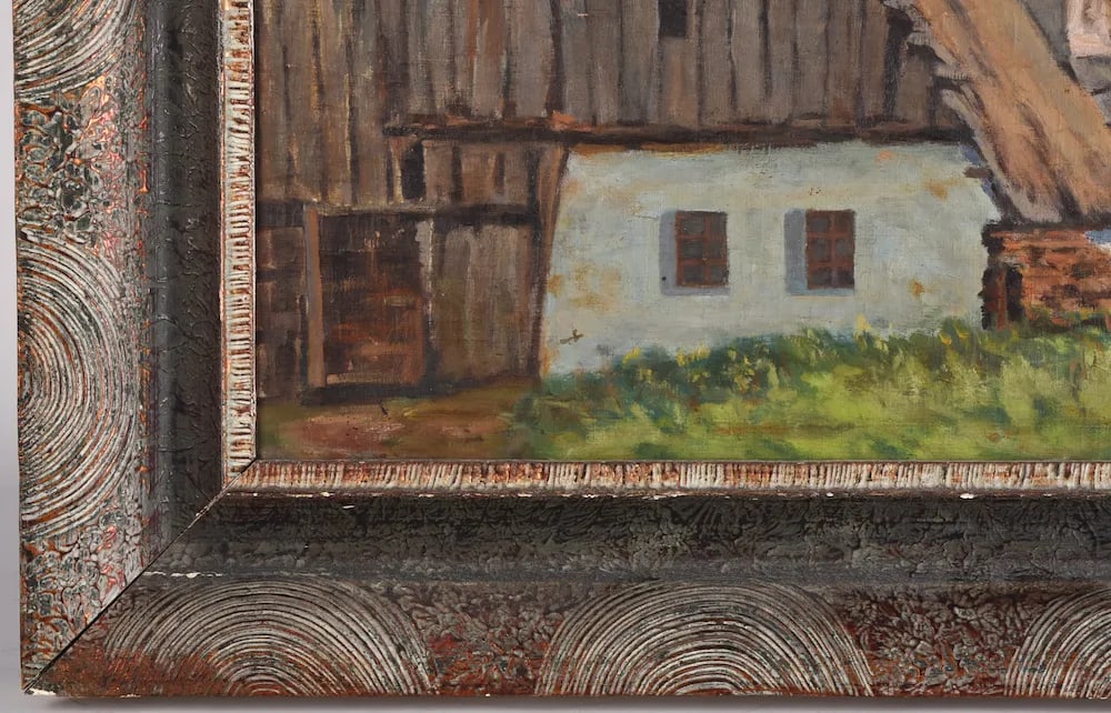 Early 20th Century Oil Painting European Barn Landscape in Faux Bois Frame - 7