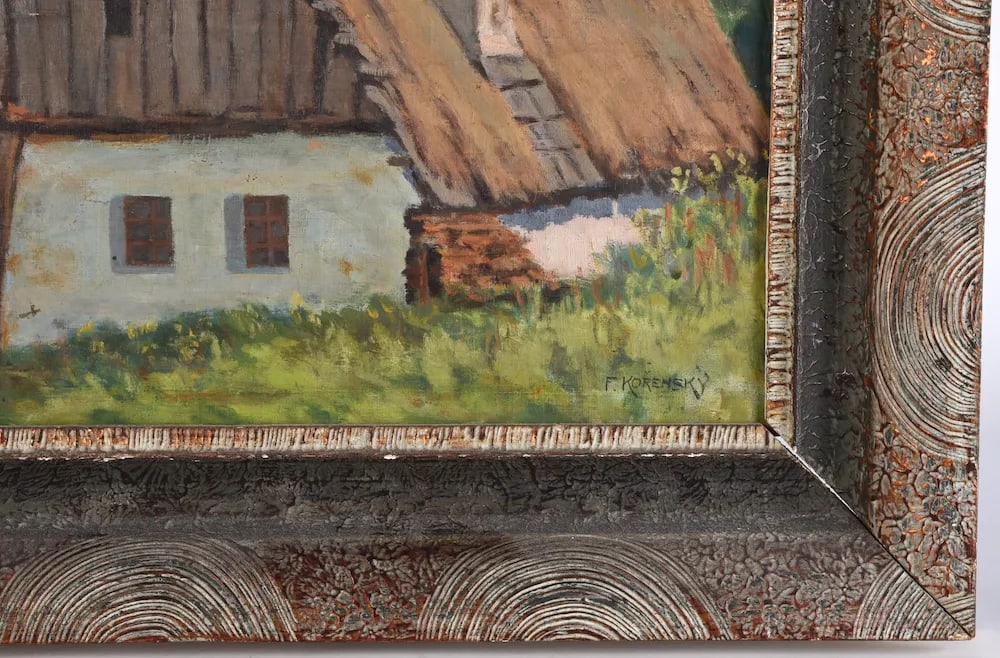 Early 20th Century Oil Painting European Barn Landscape in Faux Bois Frame - 8