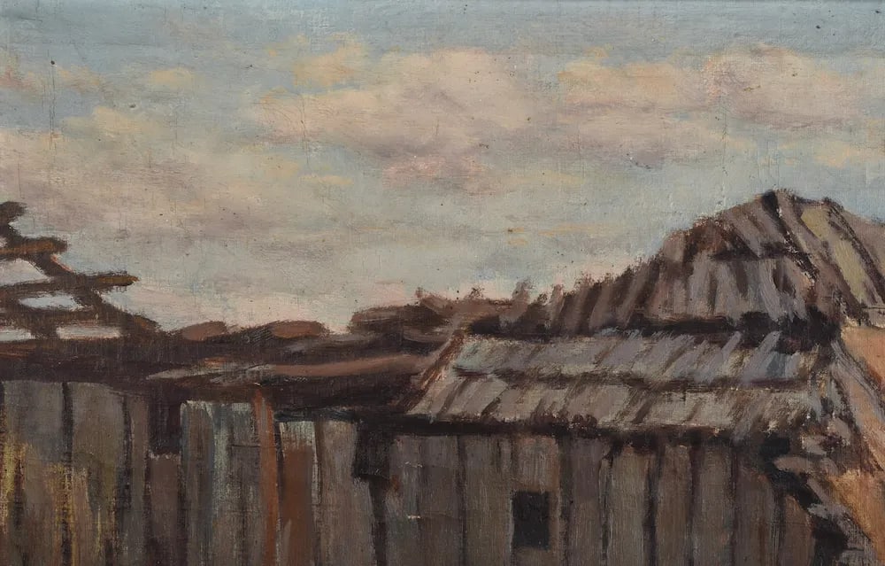 Early 20th Century Oil Painting European Barn Landscape in Faux Bois Frame - 9