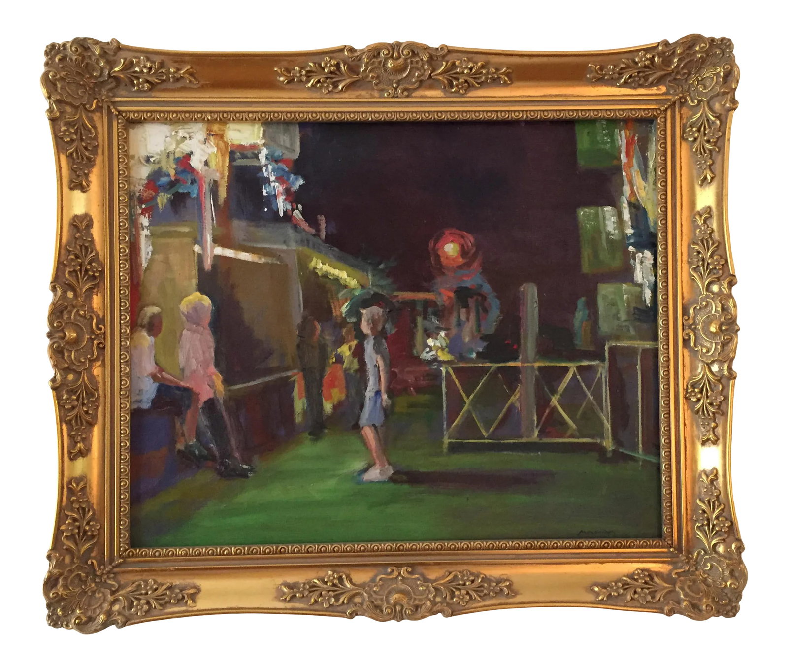 "Carnival Night!" Contemporary Figurative Oil Painting by Marina Movshina, Framed: A vibrant original painting of a young boy hasitating before trying a game at the carnival. The barkers are sizing up him, too. The painting is 16 inches tall by 20 inches wide and is beautifully