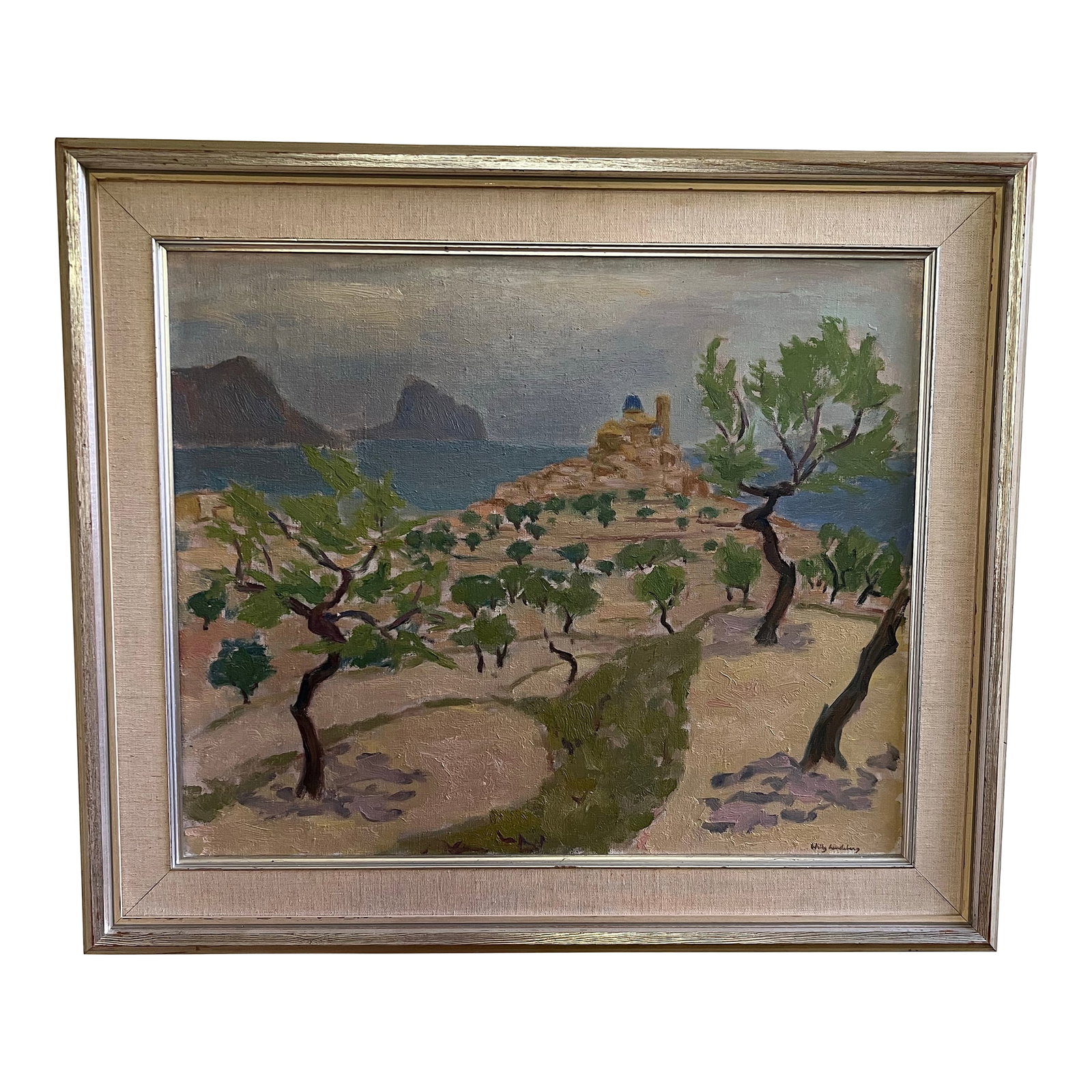 Vintage Swedish Original Oil Painting - Almond Tree by Willy Lindeberg: Vintage Swedish oil painting marked "Mandeltrad" or "Almond Tree" by Willy Lindeberg (1910-1983). A large landscape depicting almond trees in Spain, signed by the artist. Signed and framed, oil on can