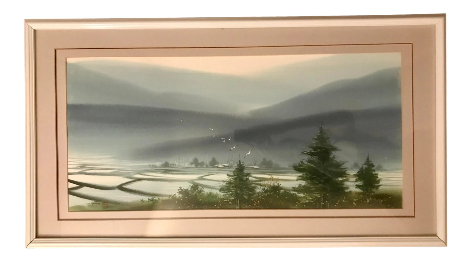 1987 Asian Landscape Watercolor Painting, Framed: Rare Vintage 1987 Asian Watercolor Atmospheric Landscape Painting Signed, dated left lower corner & Custom framed with plexiglass Aprox. dimensions: Visible area: 30"x14" Frame: 38"x21" Very good