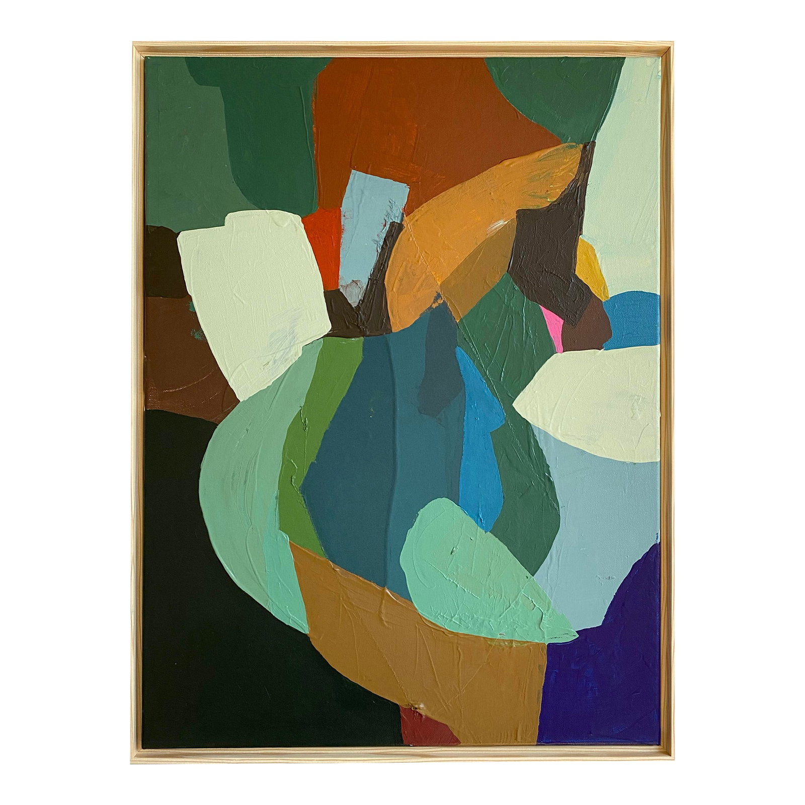 "Woods and River" 2026 Framed Painting by Jessalin Beutler: Original painting by Jessalin Beutler, completed in 2026. Acrylic and collage on stretched canvas. Signed, dated and titled on the back. Comes framed in unfinished fir and wired on the back for easy h