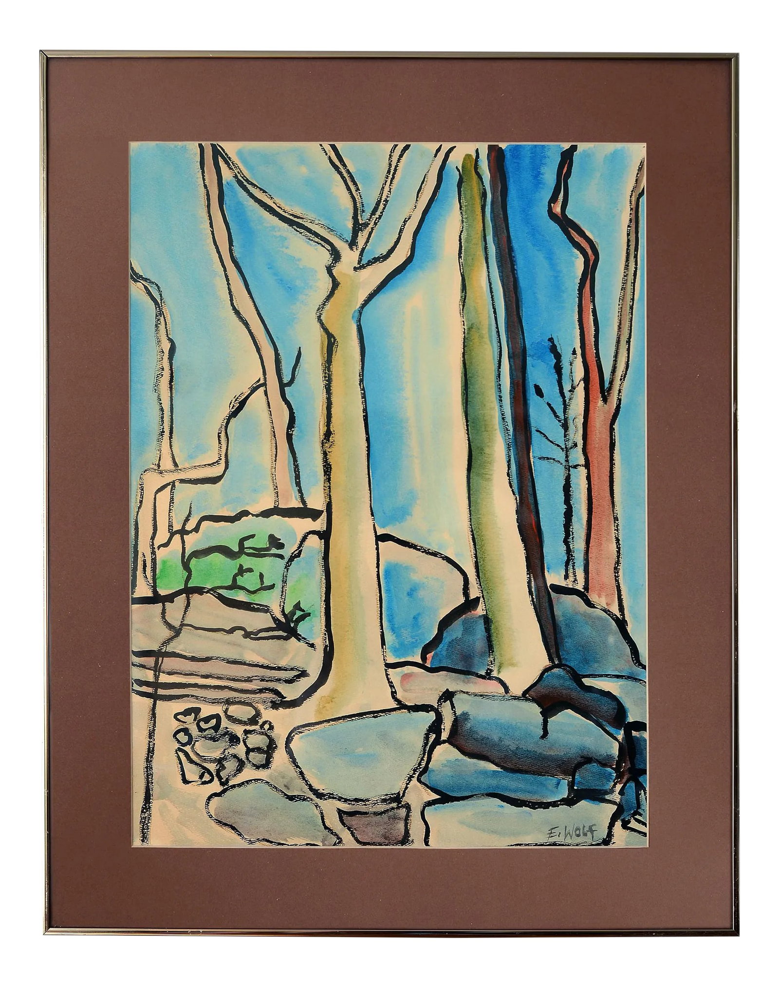 1960s Modernist Abstract Landscape Watercolor Painting, Framed: Gorgeous vintage modernist watercolor painting depicting a nature scene. Beautiful colors and strokes with minimalist abstract shapes depicting trees, bushes and rocks and boulders. Painted sometime
