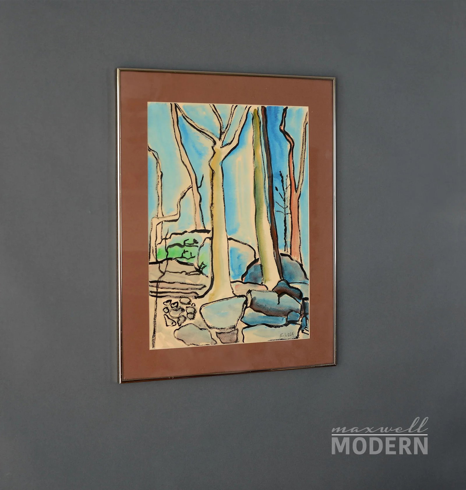 1960s Modernist Abstract Landscape Watercolor Painting, Framed - 2