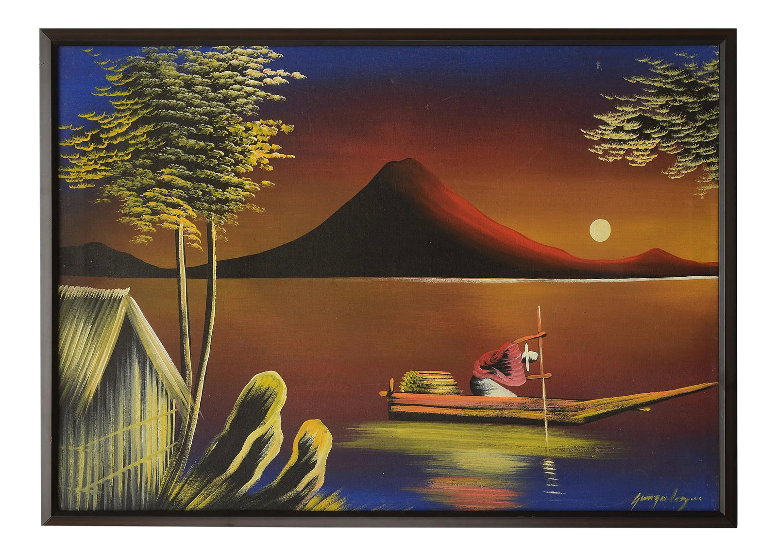 Mid 20th Century "Tropical Seafarer at Moonlight" Landscape Painting, Framed: Colorful 1960s painting of a seafarer at moonlight in a tropical landscape. A beautiful prominent mountain is seen in the background and looks suspiciously like Mount Fuji although this setting is not