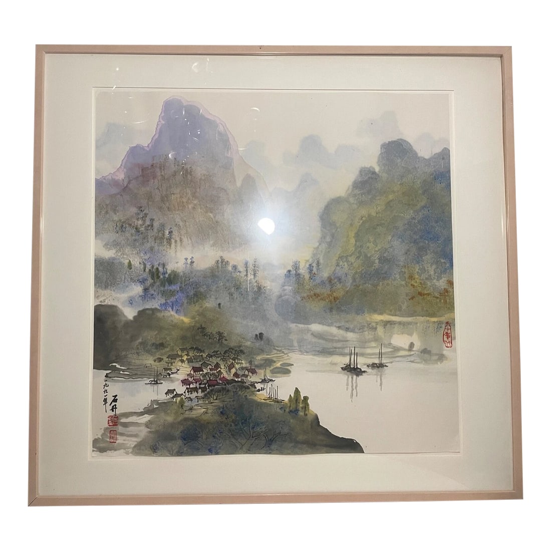 Large Vintage 1992 Original Chinese Ink Watercolor Mountain Landscape Painting: Add a touch of exotic beauty to your home with this stunningly large vintage original Chinese ink/watercolor mountainous landscape painting. The timeless beauty of this piece is enhanced by the use