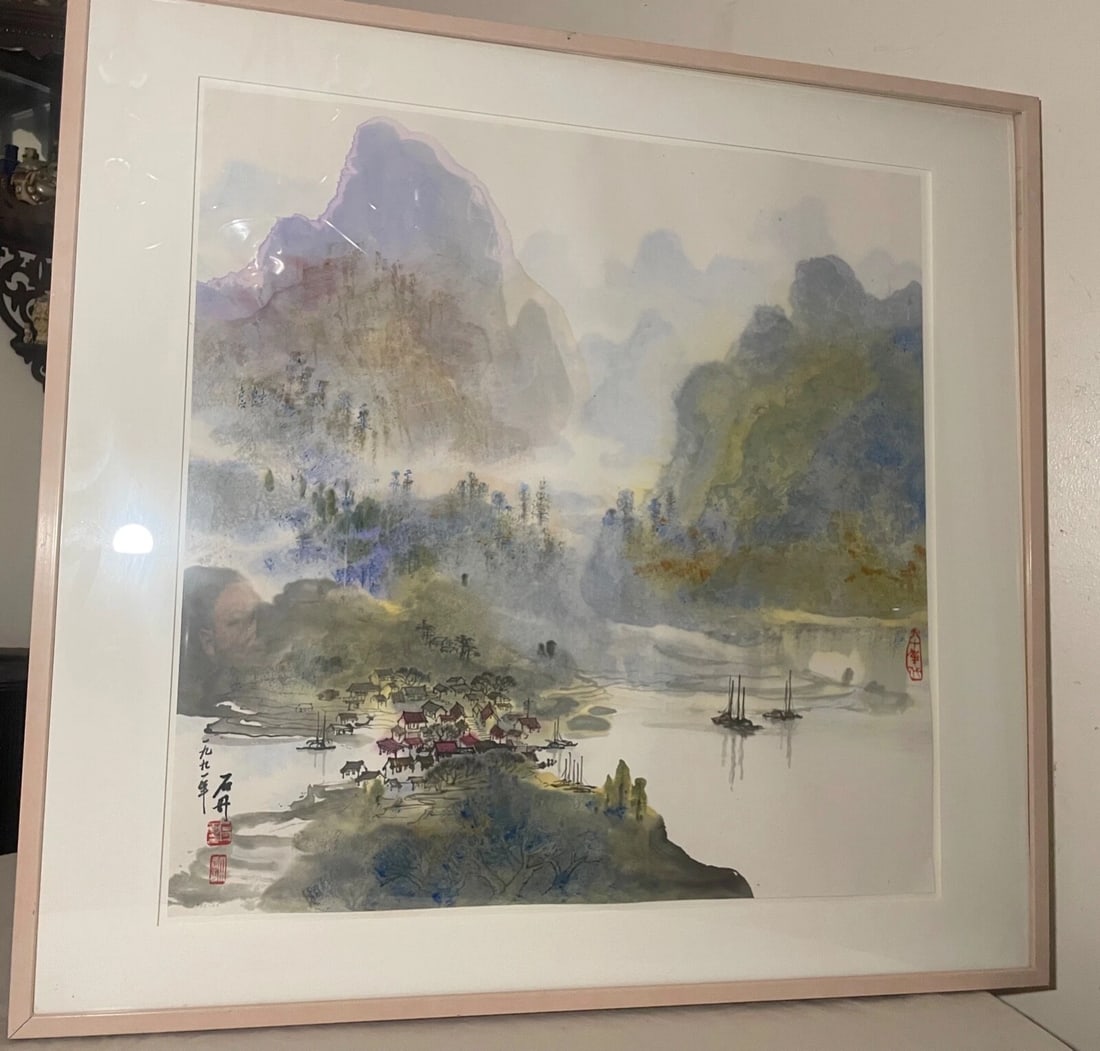 Large Vintage 1992 Original Chinese Ink Watercolor Mountain Landscape Painting - 4