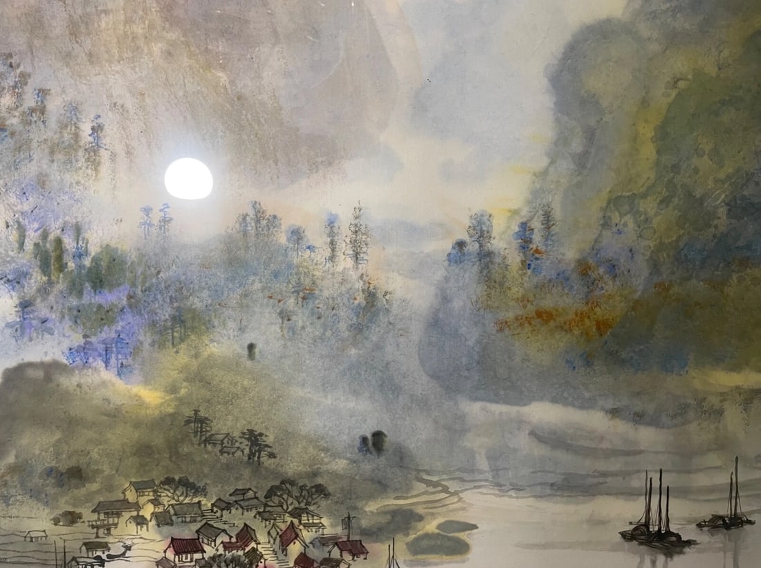 Large Vintage 1992 Original Chinese Ink Watercolor Mountain Landscape Painting - 8