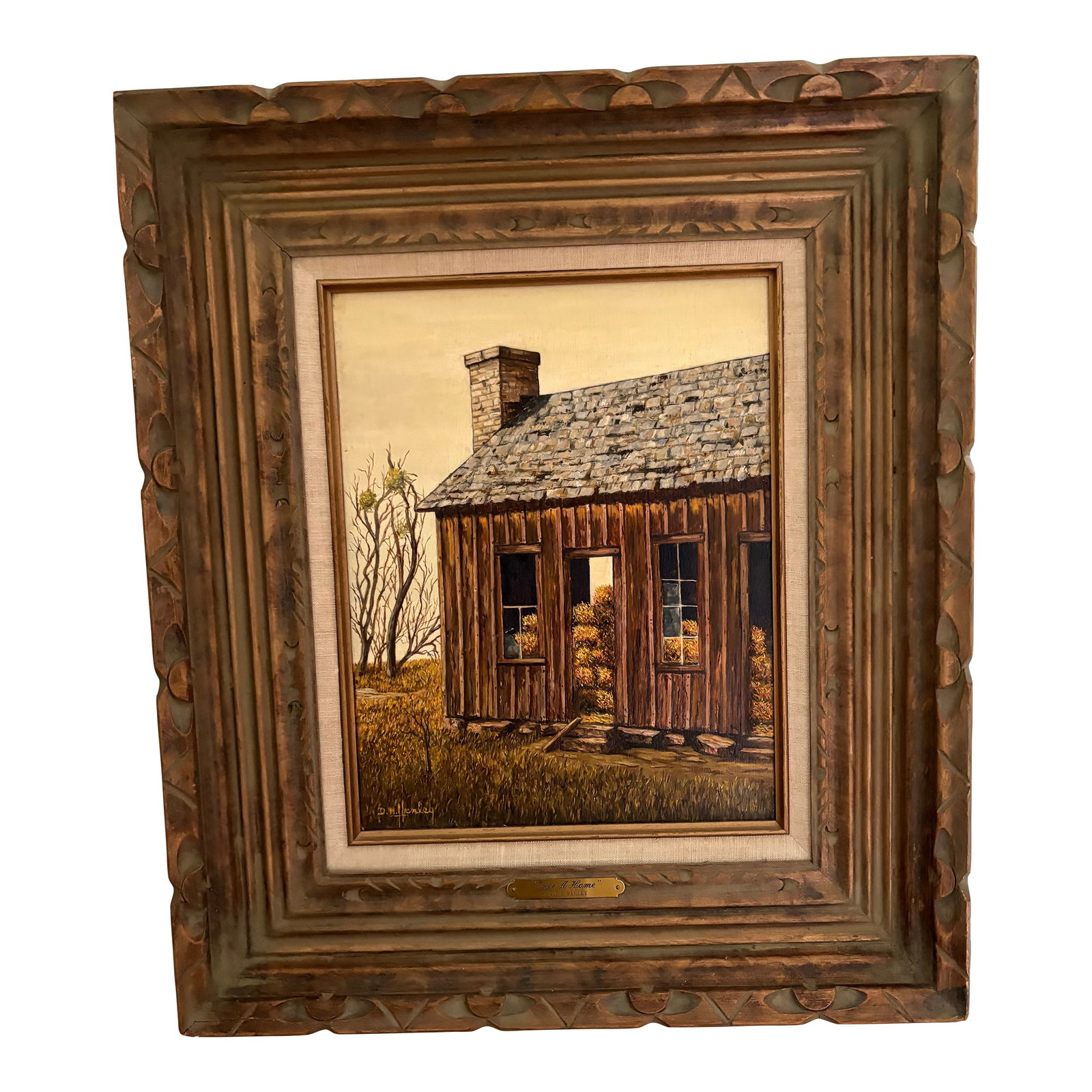 1974 Original Painting of a Barn Titled "Once a Home": Original painting of a barn near Milburn, Texas titled "Once A Home" by David H. Henley. Surrounded by a substantial antique, carved wood frame. Signed and dated on back, 1974. DIMENSIONS: 22" h x