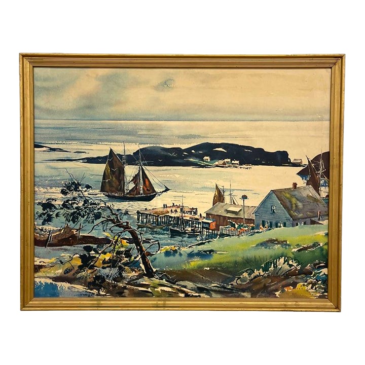 Vintage Framed Harbor Landscape Print by C. Ivar Gilbert - Coastal Sailboat & Village Scene, Gold-To: This framed decorative print depicts a scenic coastal harbor with sailboats, a small pier, and waterfront buildings set along a calm shoreline with distant landforms in the background. The image is re