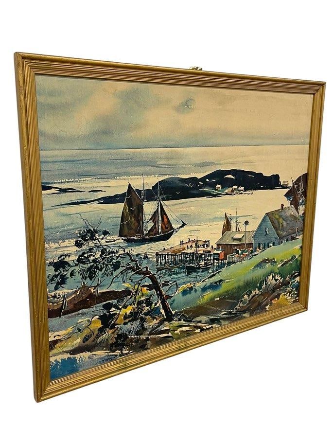 Vintage Framed Harbor Landscape Print by C. Ivar Gilbert - Coastal Sailboat & Village Scene, Gold-To - 2