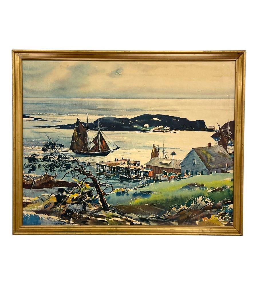 Vintage Framed Harbor Landscape Print by C. Ivar Gilbert - Coastal Sailboat & Village Scene, Gold-To - 3