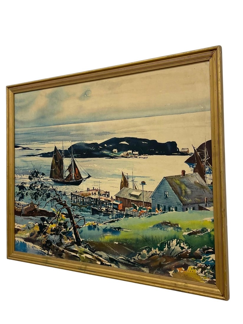 Vintage Framed Harbor Landscape Print by C. Ivar Gilbert - Coastal Sailboat & Village Scene, Gold-To - 4