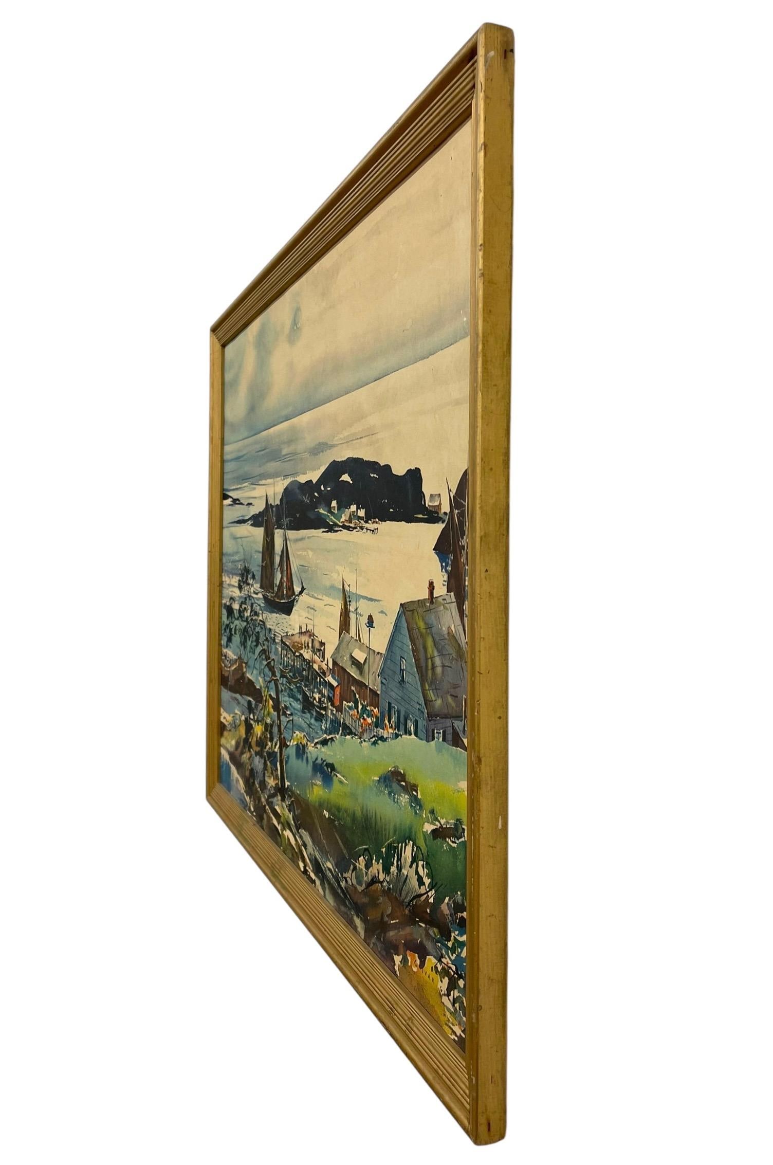 Vintage Framed Harbor Landscape Print by C. Ivar Gilbert - Coastal Sailboat & Village Scene, Gold-To - 5