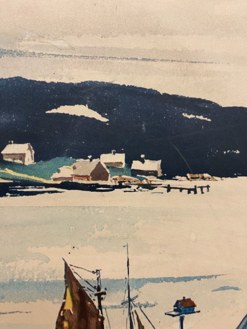 Vintage Framed Harbor Landscape Print by C. Ivar Gilbert - Coastal Sailboat & Village Scene, Gold-To - 6