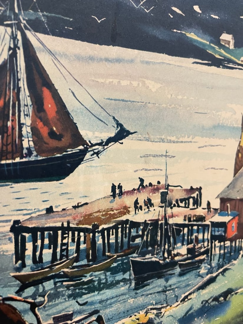 Vintage Framed Harbor Landscape Print by C. Ivar Gilbert - Coastal Sailboat & Village Scene, Gold-To - 7