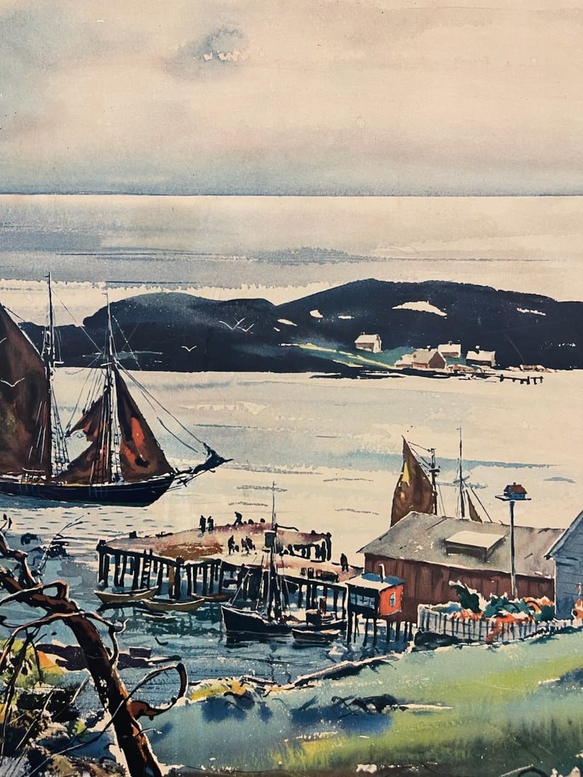 Vintage Framed Harbor Landscape Print by C. Ivar Gilbert - Coastal Sailboat & Village Scene, Gold-To - 8