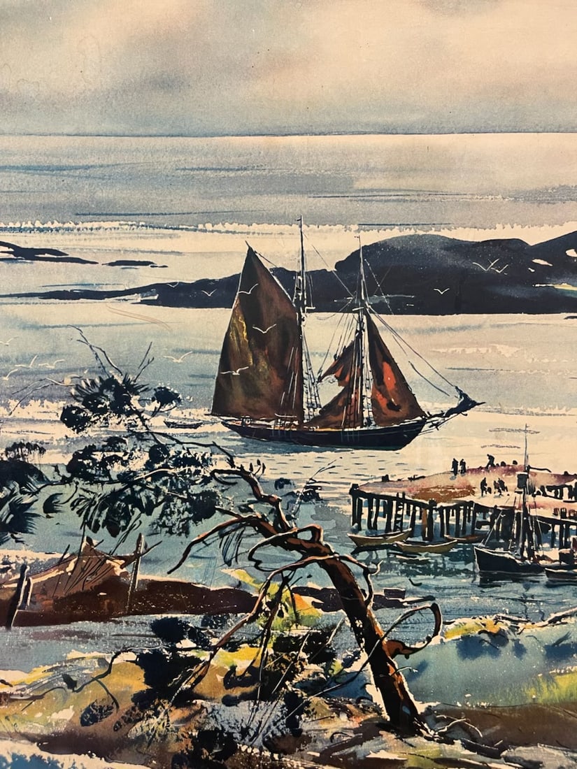 Vintage Framed Harbor Landscape Print by C. Ivar Gilbert - Coastal Sailboat & Village Scene, Gold-To - 9
