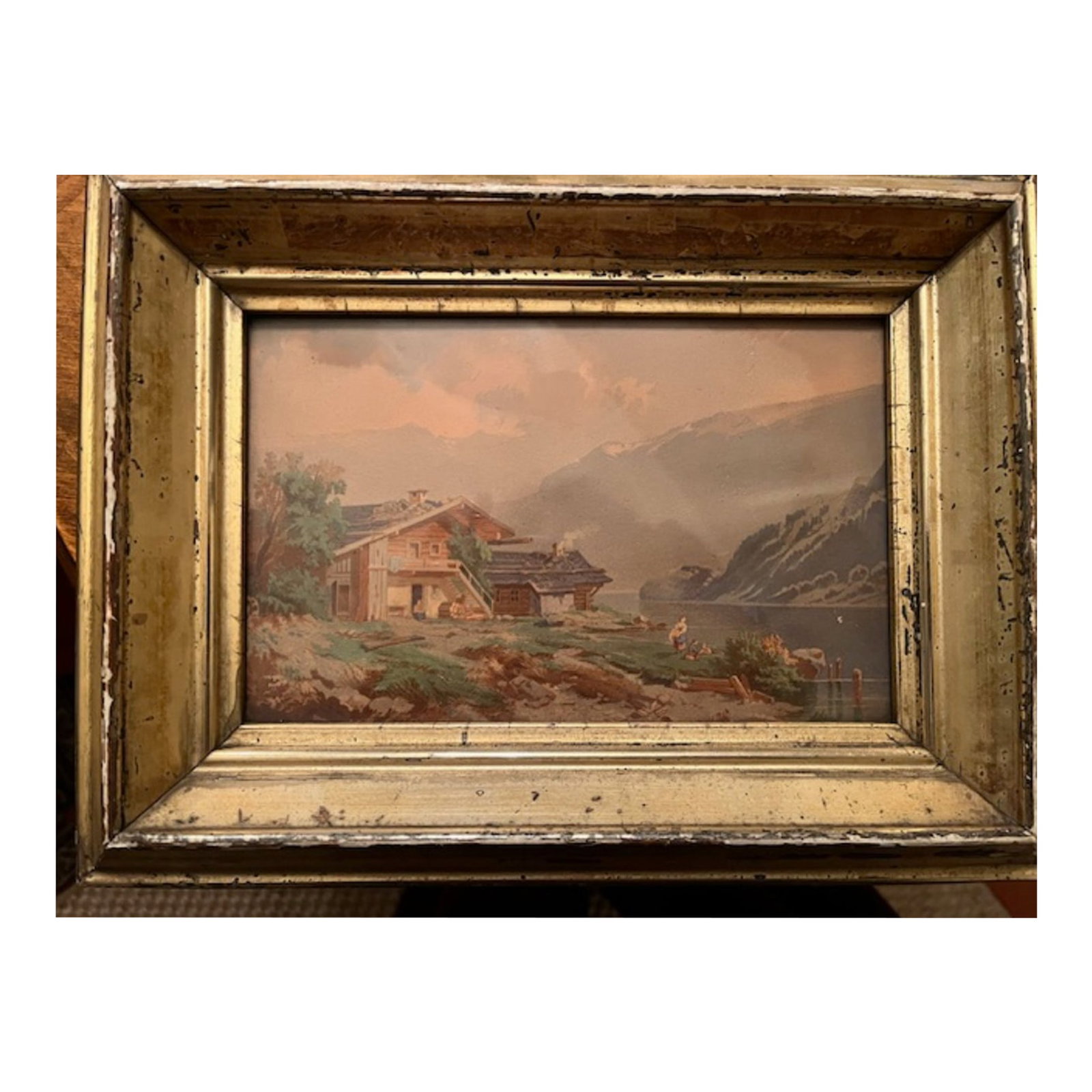 19th C Watercolor Landscape: 19th C watercolor with fine detail. House in the mountains beside a lake. Unknown artist but almost certainly European.Unsigned. Stunning frame of the period, likely original.Painting is 8.25" x 5.5".