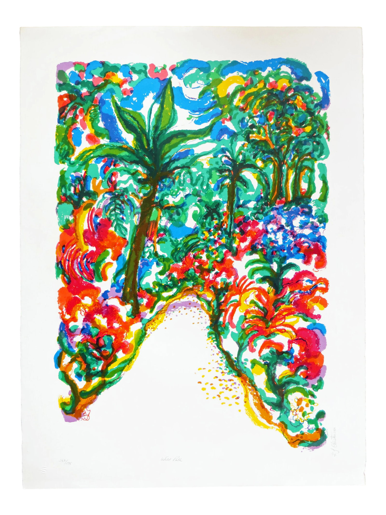 "Wild Path" Contemporary Tropical Landscape Lithograph by Ronald Julius Christensen: Artist: Ronald Julius Christensen - American (1923-1999) Title: Wild Path Year: circa 1980 Medium: Color Lithograph on BFK Rives paper Image size: 26 x 18 inches. Sheet size: 30 x 22.5 inches Signatur