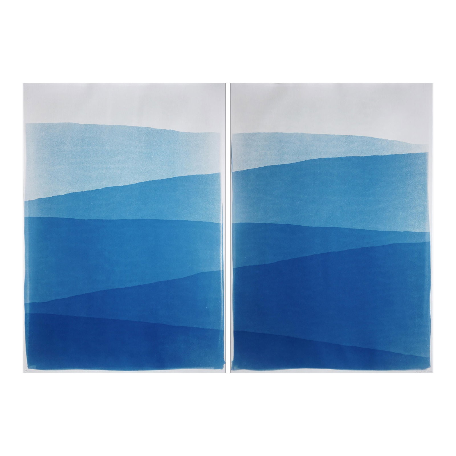 2025, Minimal Landscape of Blue Mountain Ridge, Handmade Monotype Cyanotype on Watercolor Paper by K: This handmade monotype cyanotype presents a serene composition of layered blue forms that evoke distant mountain ridges dissolving into atmosphere. Built through subtle tonal transitions and organic e