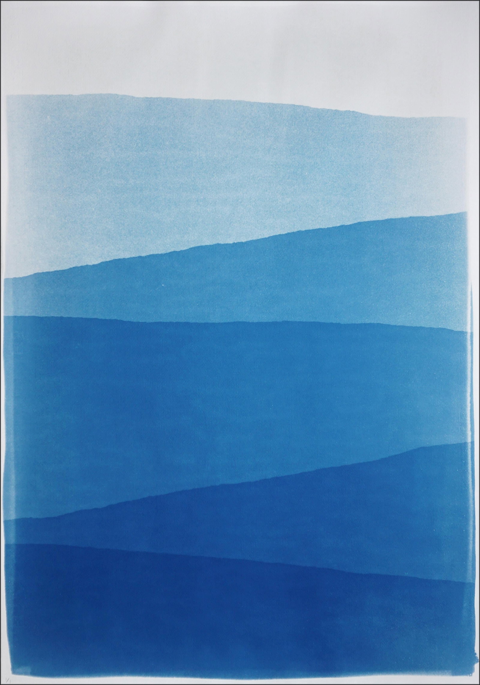 2025, Minimal Landscape of Blue Mountain Ridge, Handmade Monotype Cyanotype on Watercolor Paper by K - 3