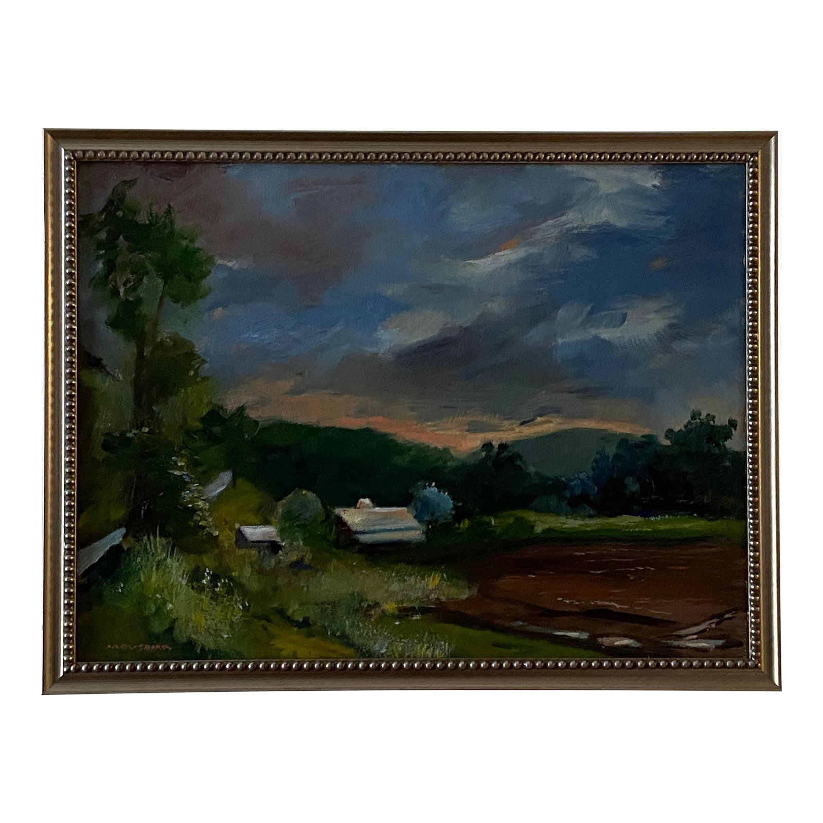 Plein Air Oil Painting of Missouri Farm by Marina Movshina: The morning after a storm, i ventured down the road and caught the sun coming up. Theis 12x15 inch painting was created on a birch panel. Overall, the frame is 13 and 1/8 inches by 17 and 1/4 inches.