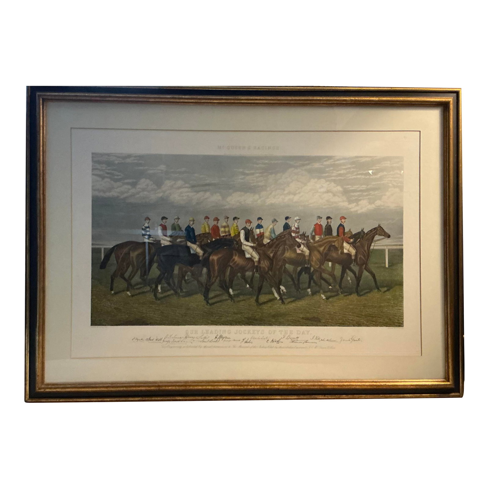 1950s Our Leading Jockeys of the Day Lithograph: This is a signed hand-colored lithograph of an engraving titled "Our Leading Jockeys of the Day", after a painting by George Veal and engraved by Edward Gilbert Hester. The print was originally