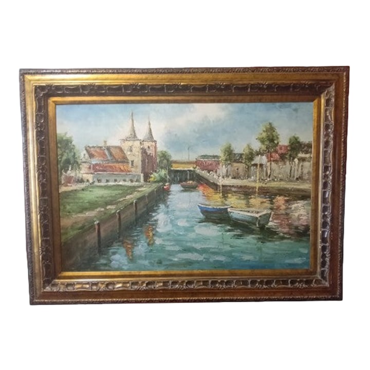 1920s J. Albers Original Impressionist Painting: The product is a large original impressionist painting by artist J. Albers. This one-of-a-kind canvas artwork features a landscape subject in nature, created using acrylic painting technique.