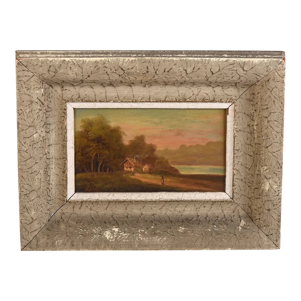 Early 20th Century Oil Painting on Panel Landscape: Full measurements: Height: 12.5" Width: 16.75" Depth: 2" Site measurements: Height: 5.5" Width: 9.75" Overall good condition. Some chips and paint loss to frame. Condition: Alterations: Original Condi