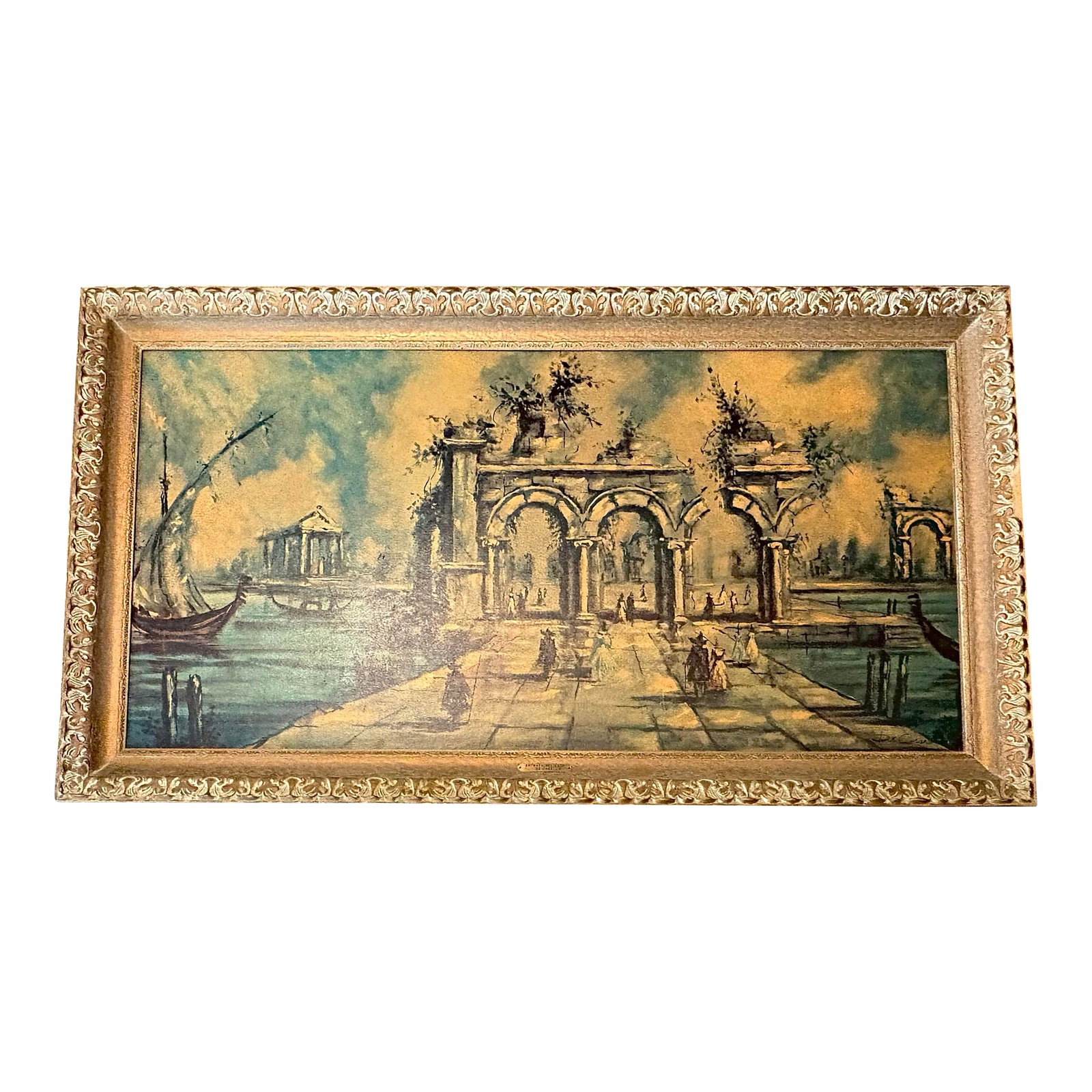 Vintage Print of Nicolas De Corsi's Painting Titled "L'Entrata Del Lago or Entrata Del Lago (Entranc: A vintage art print with a textured finished to mimic De Corsi's original painting that depicts an architectural capriccio, a style of fantasy landscape featuring classical ruins. Condition: