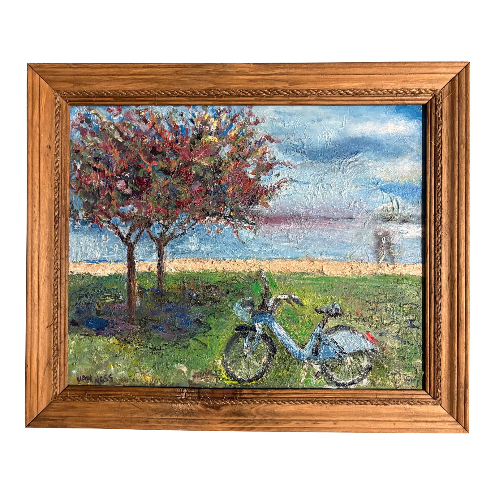 "Need a Lyft", Original Oil Painting, by Van Ness: "Need a Lyft", Original Oil Painting, by Van Ness A Lyft bike rests by Lake Michigan on a beautiful fall day. Passerby walk along the lake. As seen in galleries in CA, FL, MO & KS. Worldwide buyers,