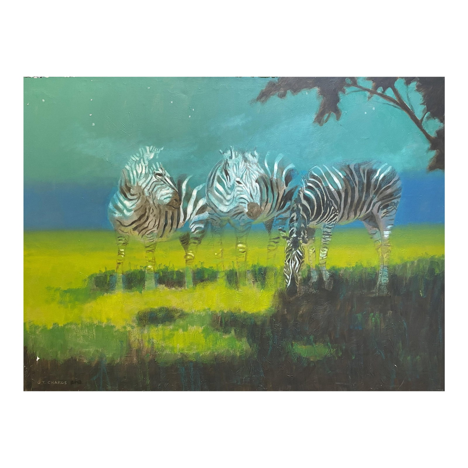 1990s Zebras Nocturnal Expressionism Oil Painting: Painted circa 1990, the artist takes us on nocturnal safari through the wilds of Africa. Executed in the surrealist mode, the animals appear transparent, almost if they are ghosts of their former