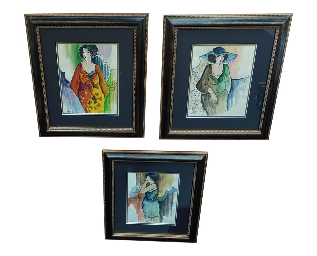 Late 20th Century Portrait Watercolor Paintings of a Lady by Patricia Govezensky, Framed - Set of 3: Patricia Govezensky, Israeli (1961 - ) Patricia, a sensitive artist, brings to her canvas the immortal effeminate woman, combining her tender touch and simplicity with magic moments of beauty in