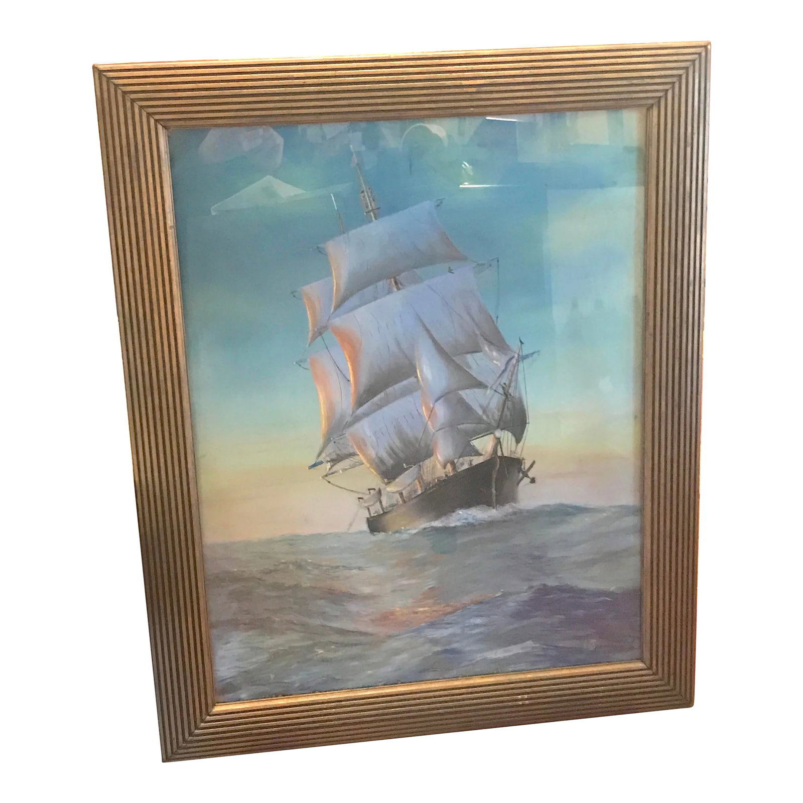 Early 20th Century Nautical Seascape Pastel Drawing, Framed: Dramatic pastel of chip, signed or initialed illegibly, in original frame. We have seen it outside the frame to determine that it is an original artwork. ready for hangingl Actual image size: 21.5" x