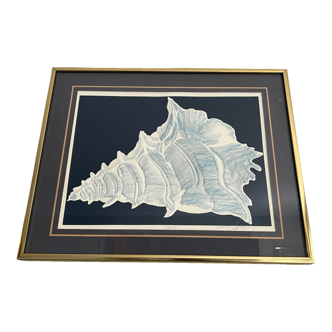1982 Vintage Postmodern David Allgood Conch Embossed Wall Art Signed Brass Sea Art: We have for your consideration a embossed wall art serigraph designed and created by David allgood. Art is from the 1980s and is strikingly gorgeous from its Conch design too it's beautifully frame of