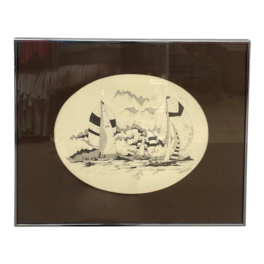 Late 20th Century Signed Nautical Pen-and-Ink Sailing Scene Artwork - Framed Maritime Illustration: This is a finely detailed pen-and-ink maritime illustration depicting multiple sailboats in motion, rendered with intricate line work and cross-hatching. The composition features boats with striped