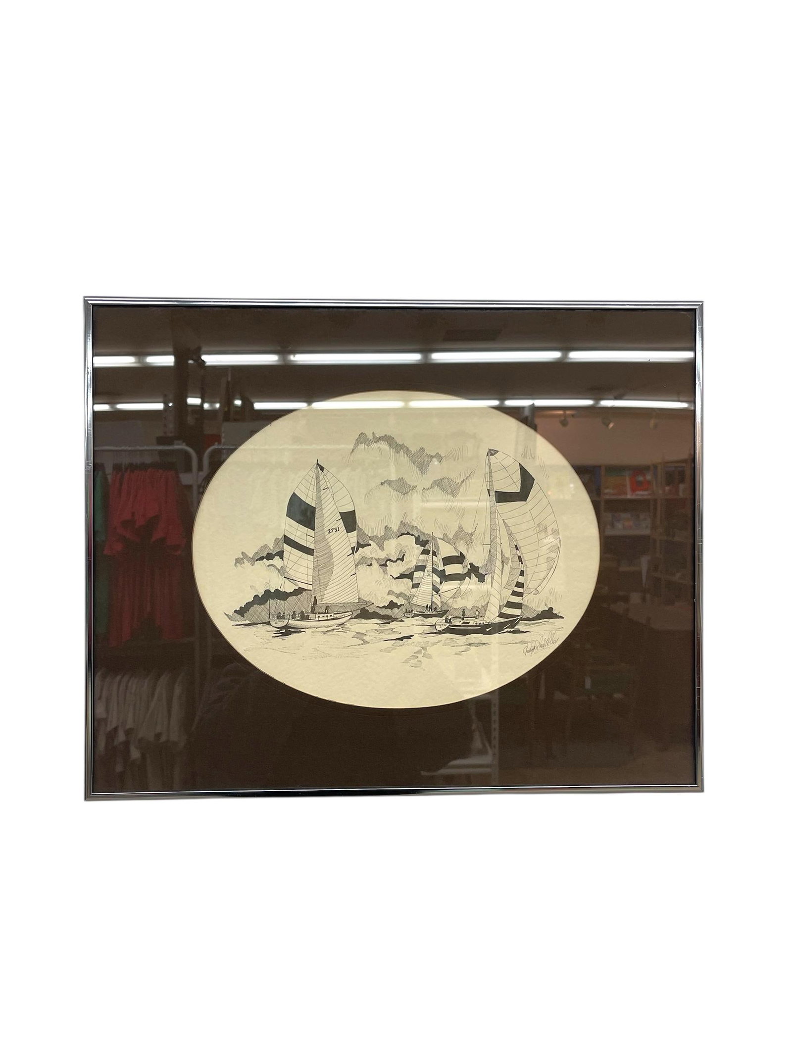 Late 20th Century Signed Nautical Pen-and-Ink Sailing Scene Artwork - Framed Maritime Illustration - 2