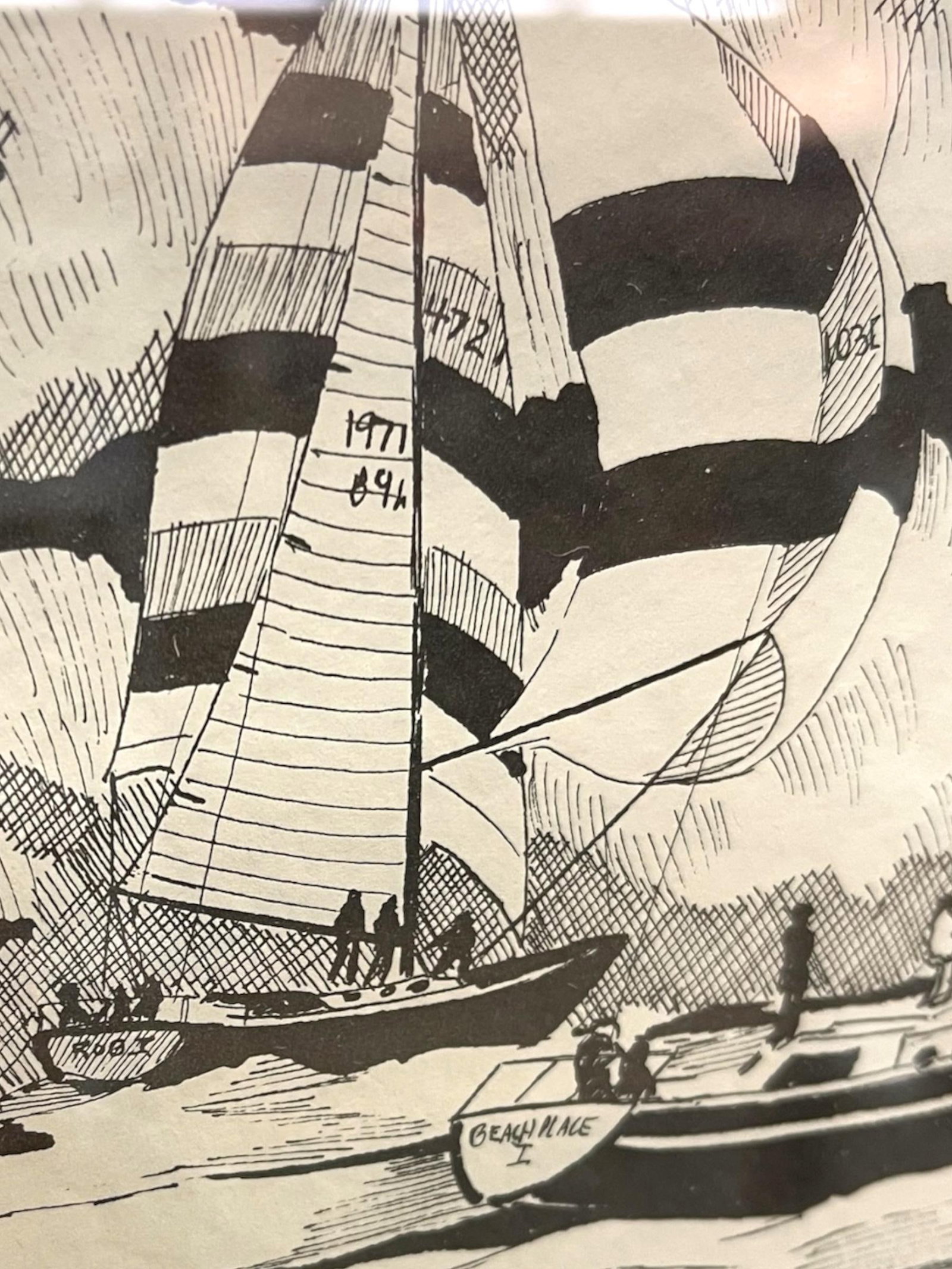 Late 20th Century Signed Nautical Pen-and-Ink Sailing Scene Artwork - Framed Maritime Illustration - 6