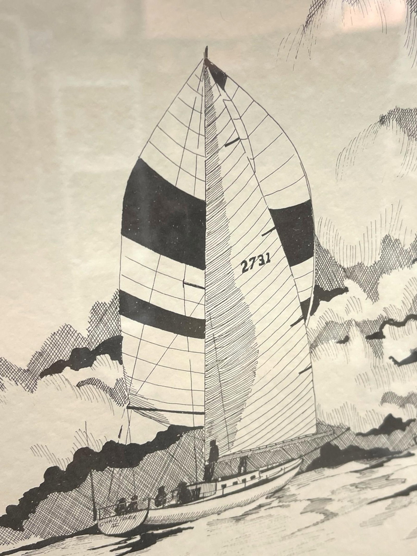 Late 20th Century Signed Nautical Pen-and-Ink Sailing Scene Artwork - Framed Maritime Illustration - 7