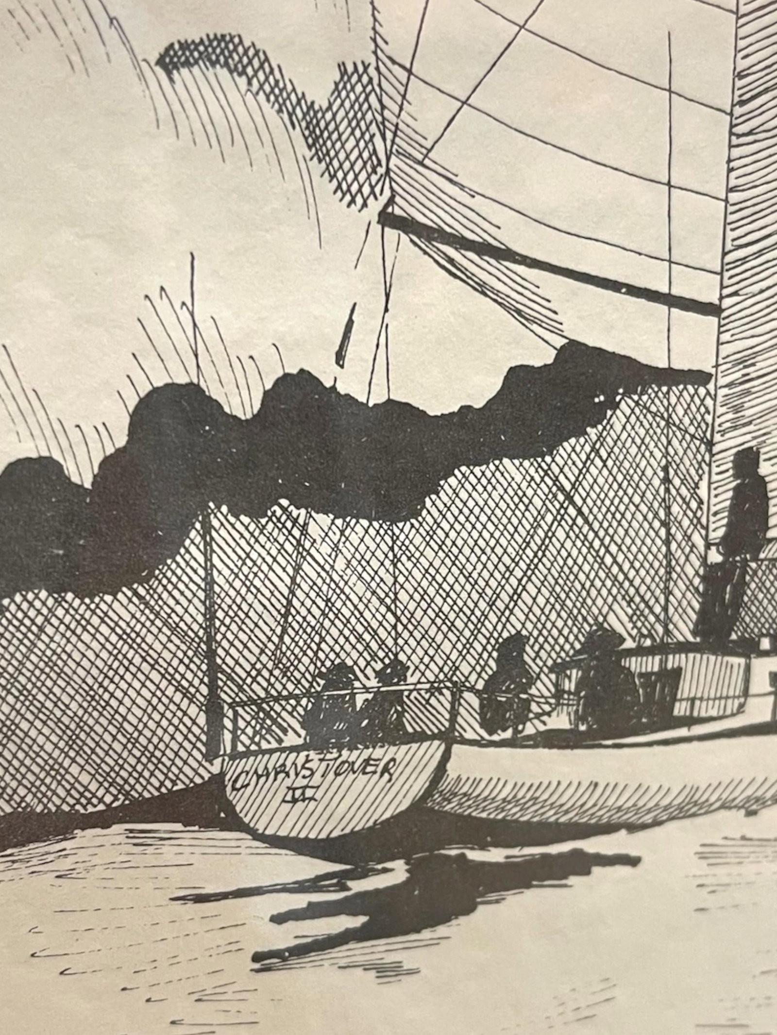 Late 20th Century Signed Nautical Pen-and-Ink Sailing Scene Artwork - Framed Maritime Illustration - 8