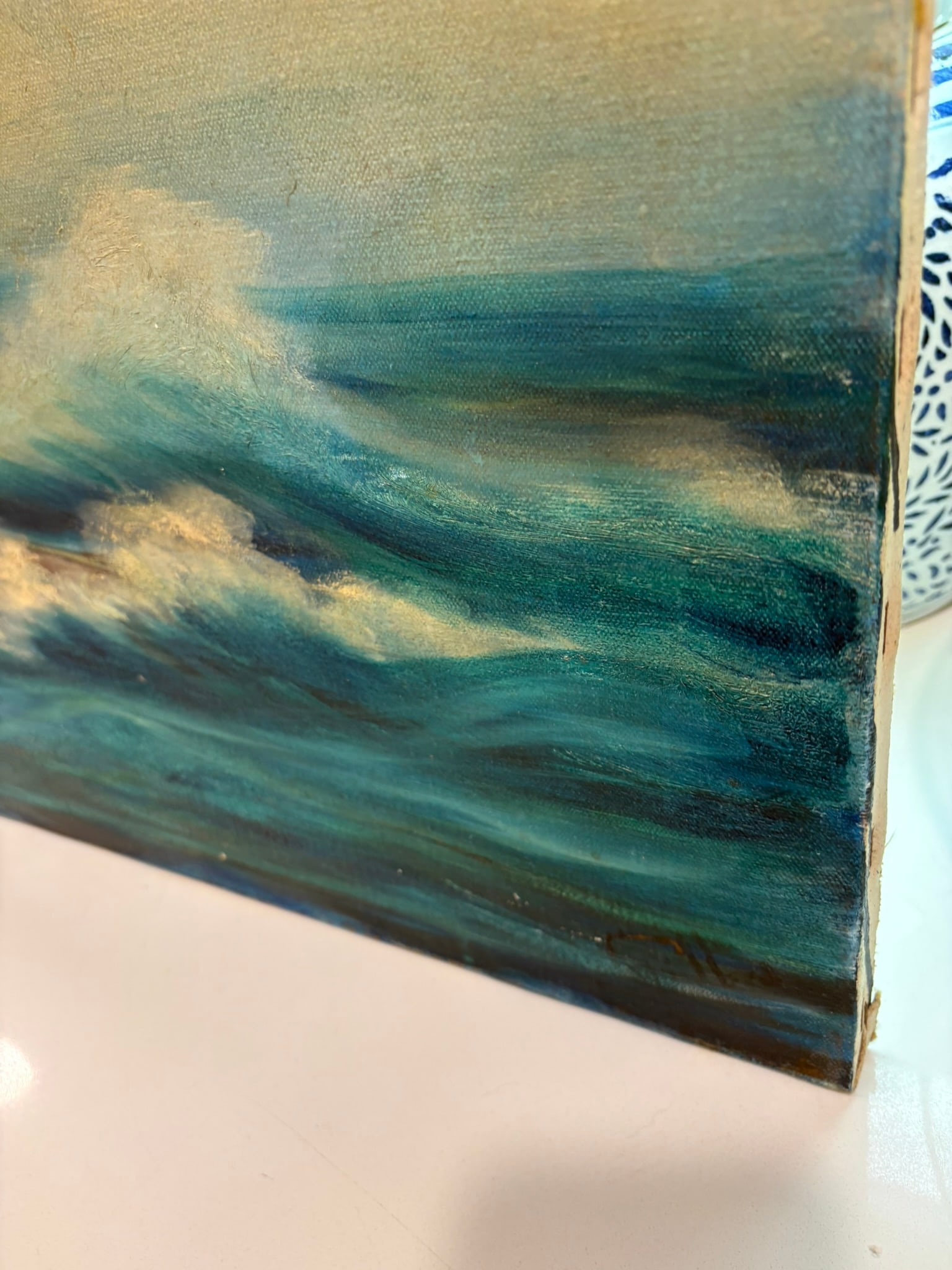 Vintage Moody Coastal Seascape Oil Painting With Dory in Rough Seas Ocean - 10