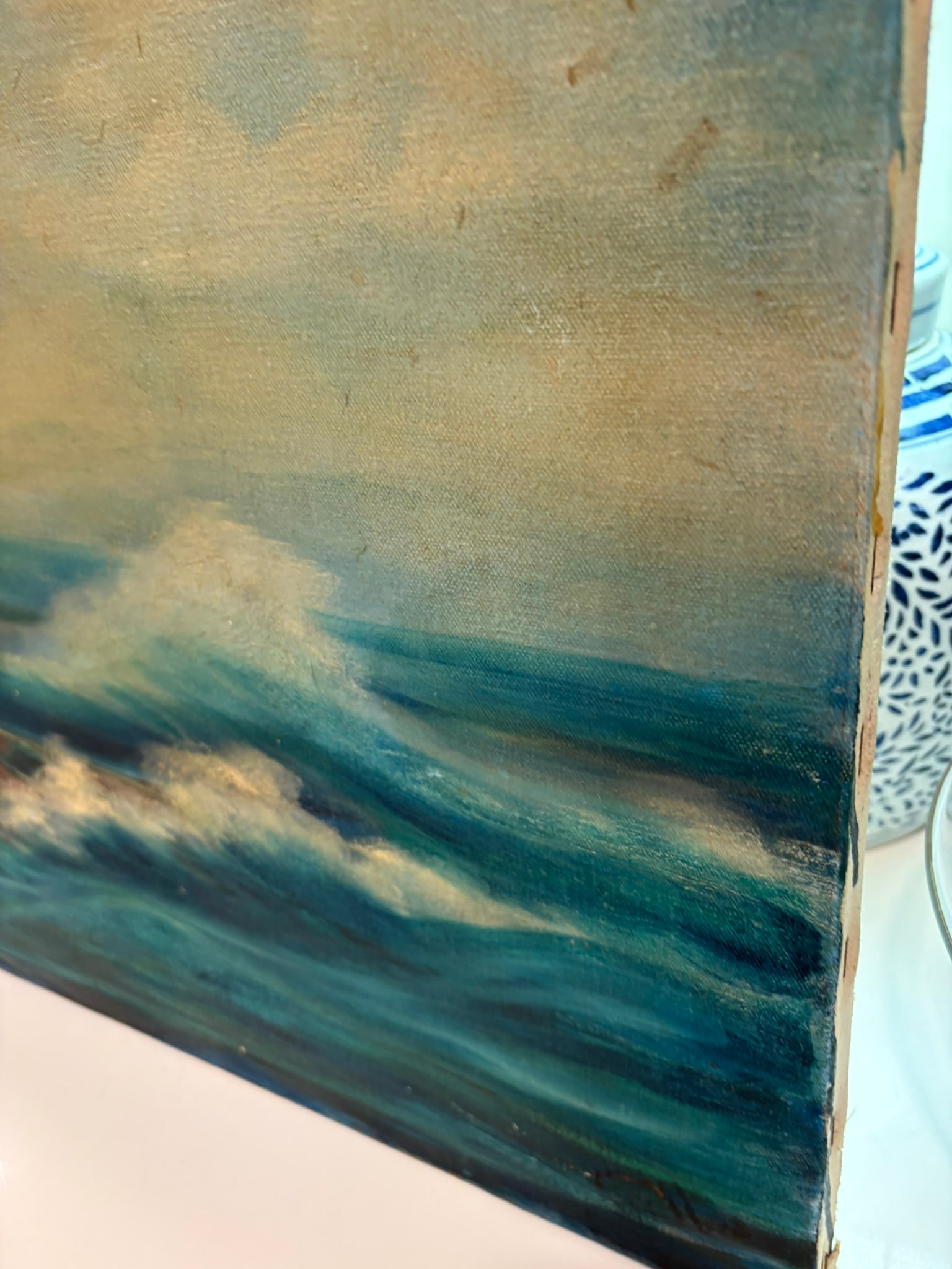 Vintage Moody Coastal Seascape Oil Painting With Dory in Rough Seas Ocean - 11